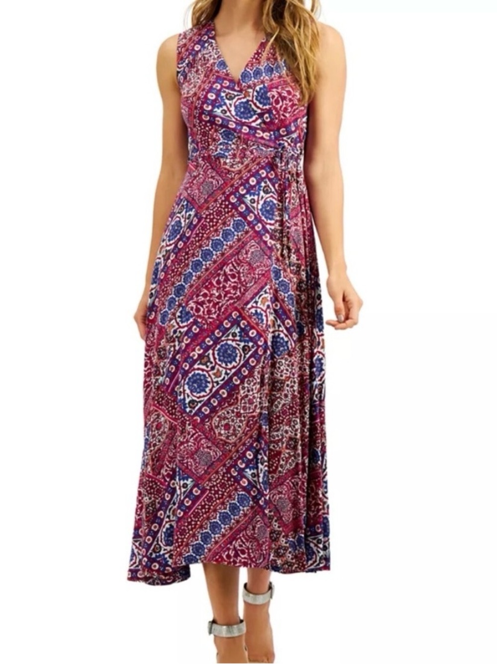 Calvin Klein Women's Floral Faux Wrap Maxi Dress Color Blue/Pink Size 8